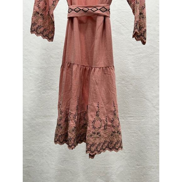 Misa Boho Dress Womens XS Pink Viscose Embroidered Tie Waist V Neck Drawstring - Picture 10 of 16